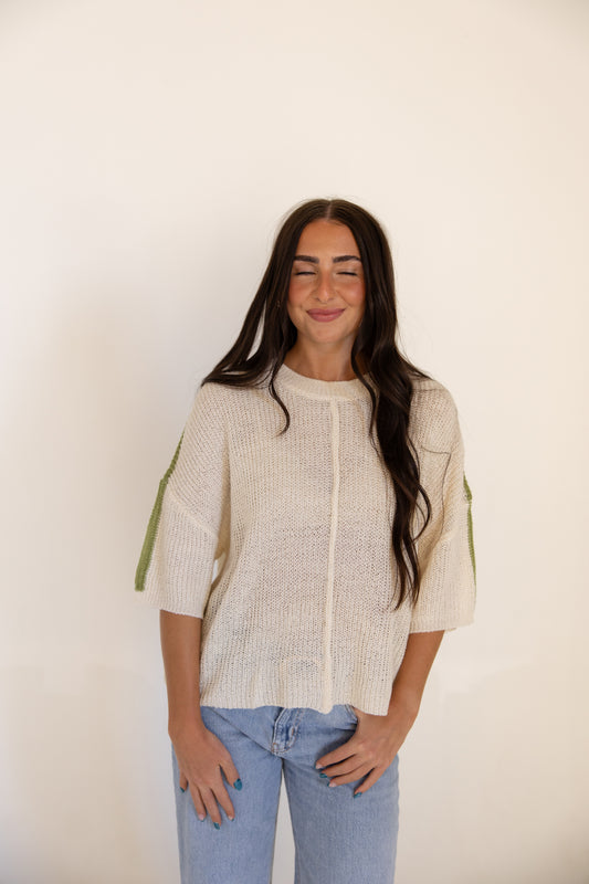 White w/Green Stripe Knit Sweater