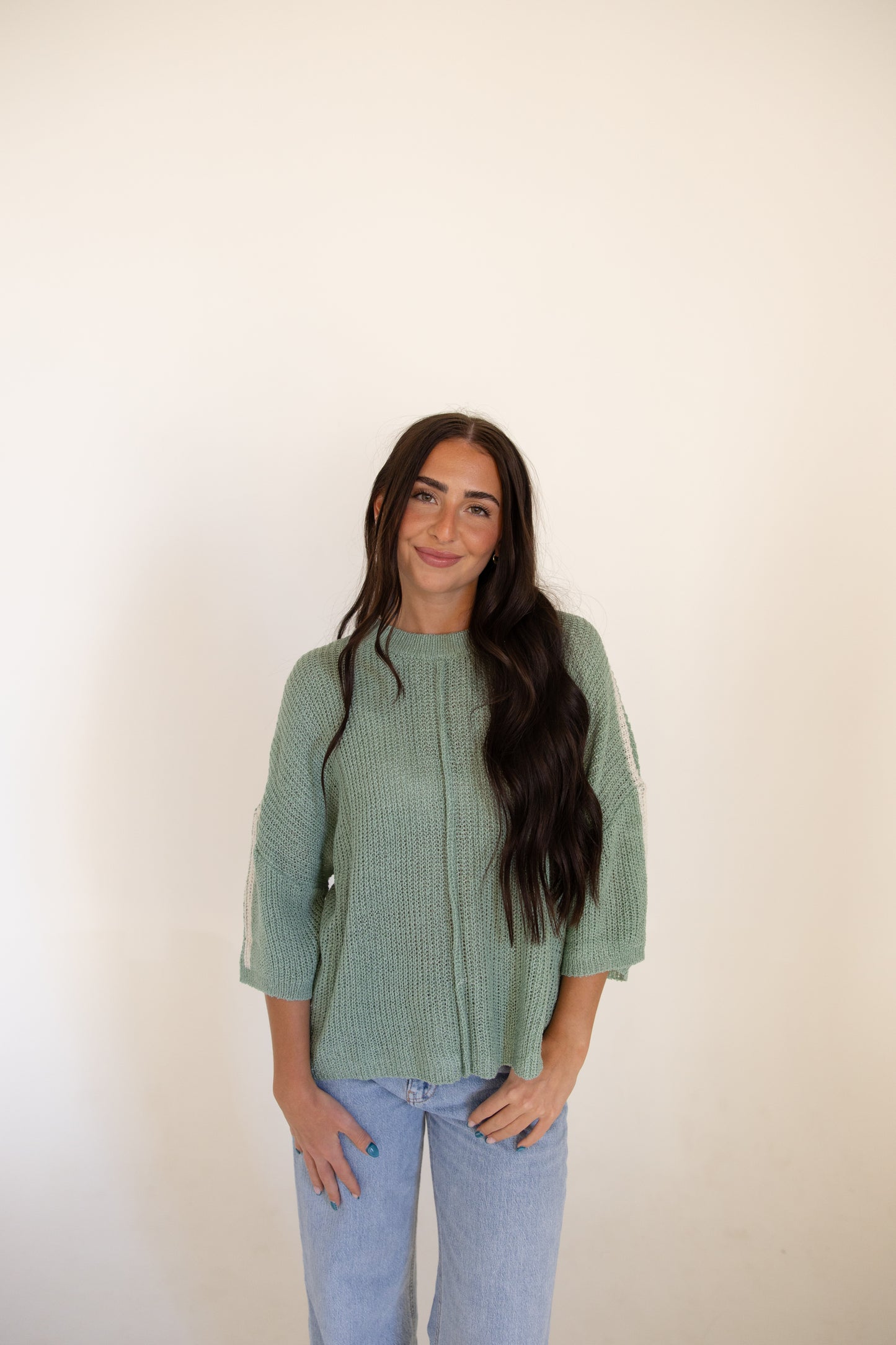 Green w/White Shoulder Stripe Knit Sweater