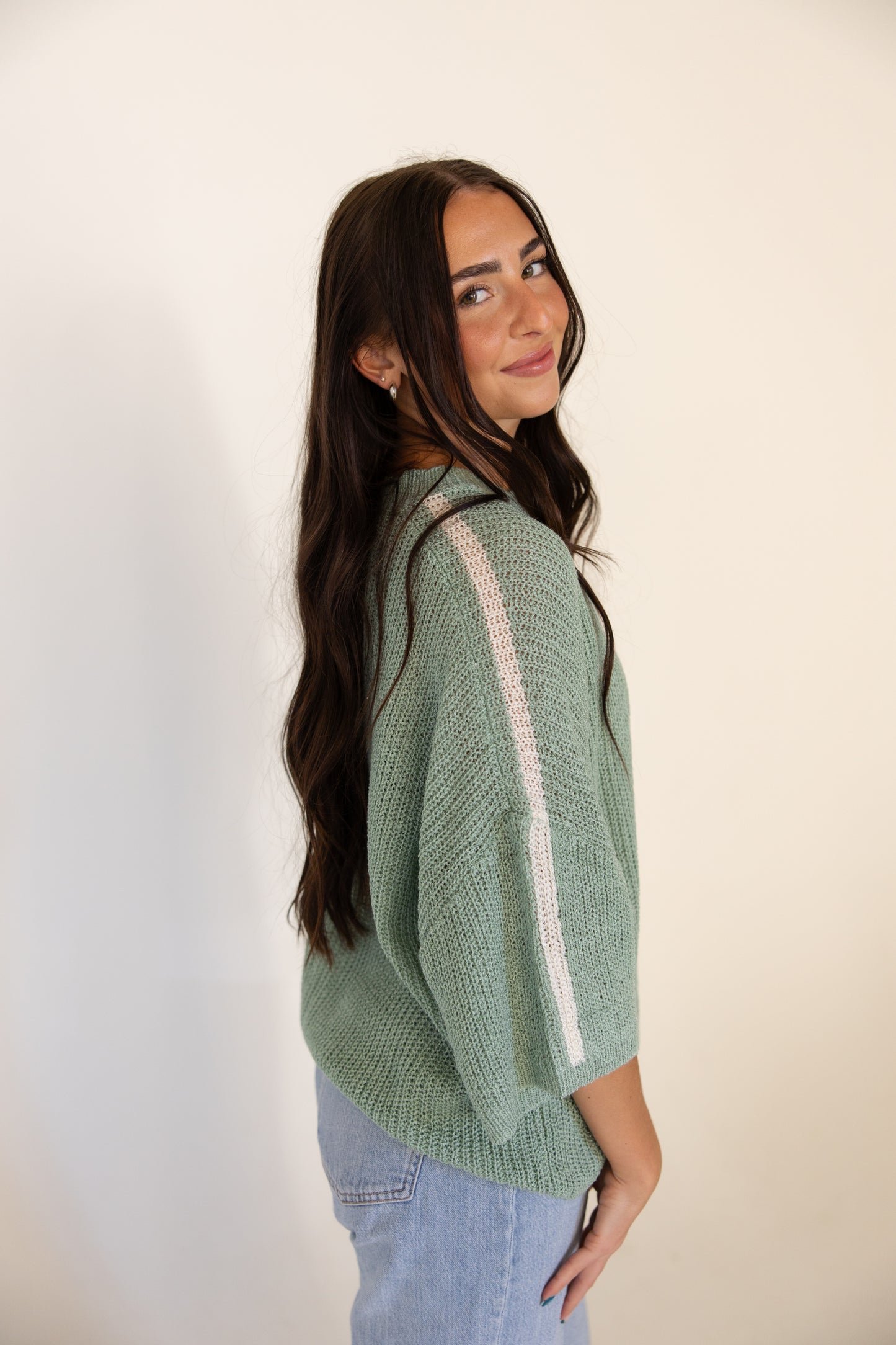Green w/White Shoulder Stripe Knit Sweater