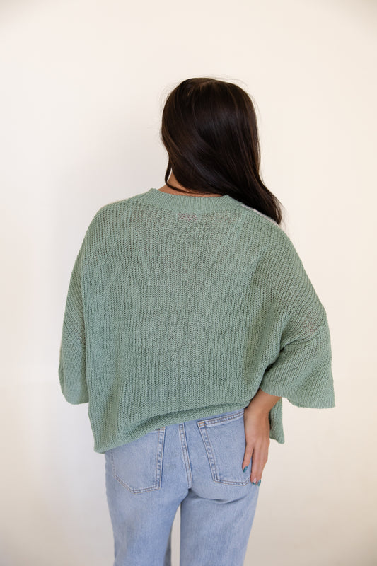 Green w/White Shoulder Stripe Knit Sweater