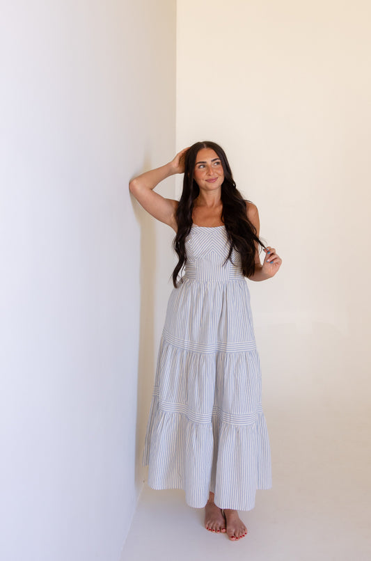 Blue Stripe Tiered Midi Dress