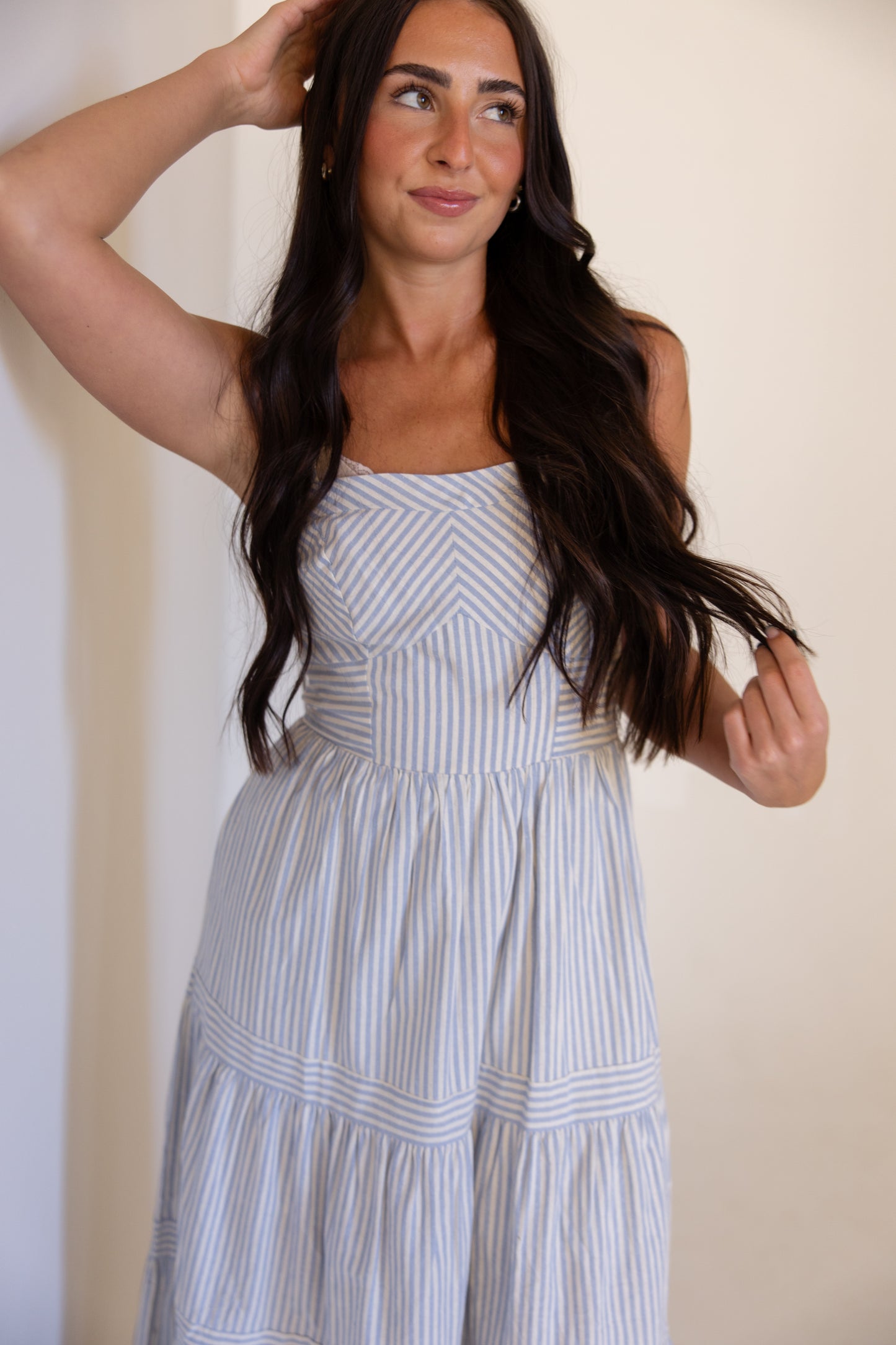 Blue Stripe Tiered Midi Dress