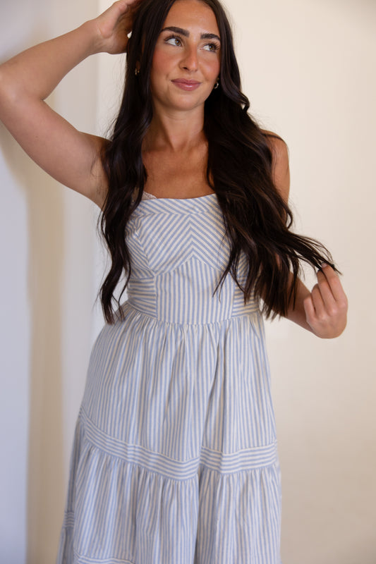 Blue Stripe Tiered Midi Dress