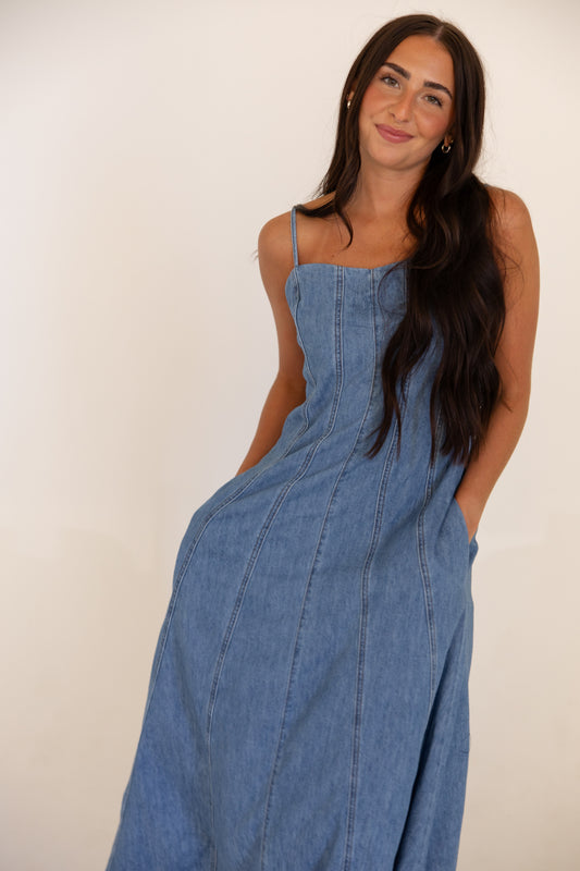 Paneled Denim Maxi Dress
