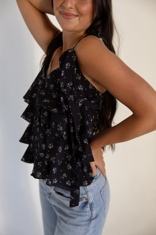 Black Floral Tiered Tank