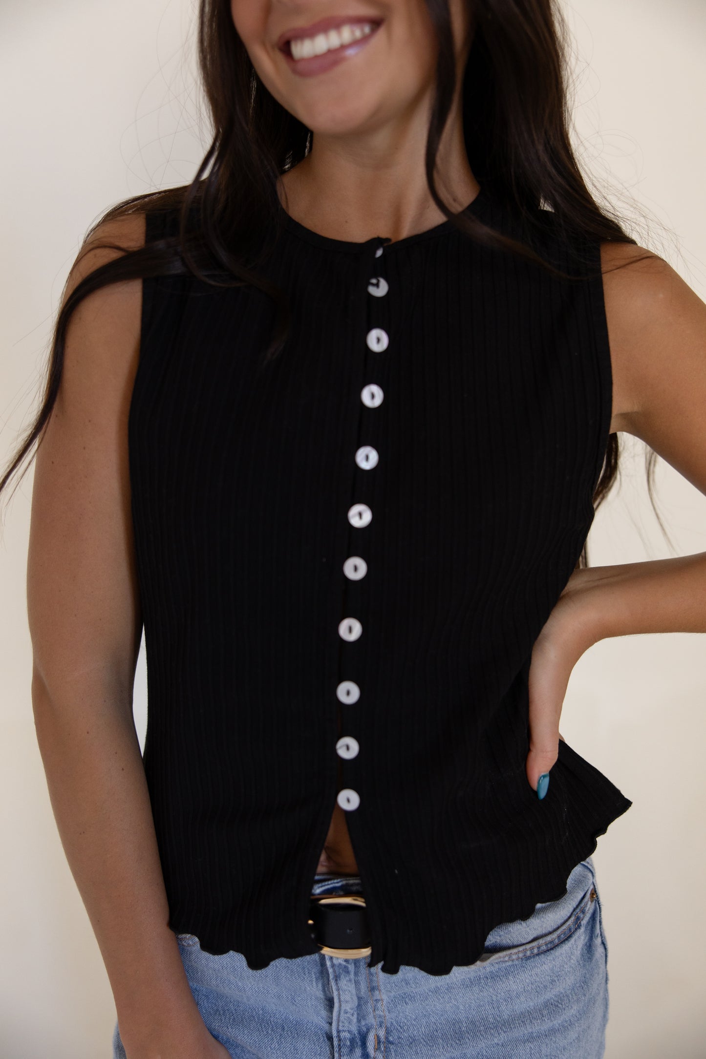 Ribbed Button Front Tank