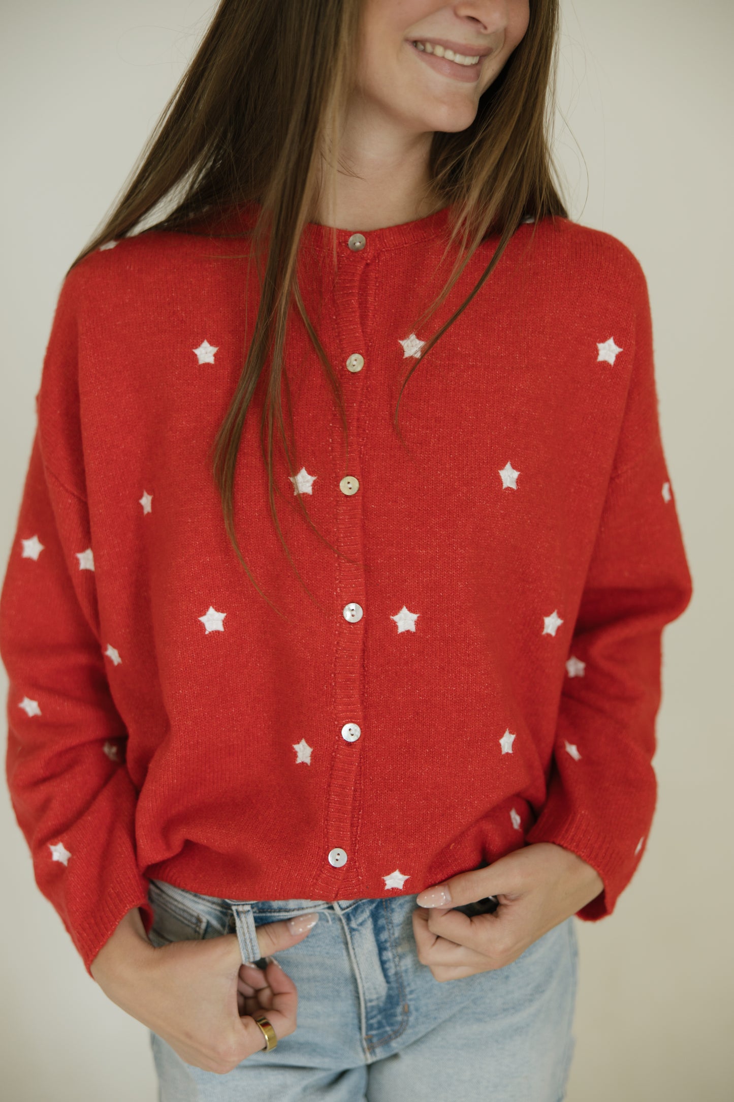 Red Long Sleeve Star Cardigan