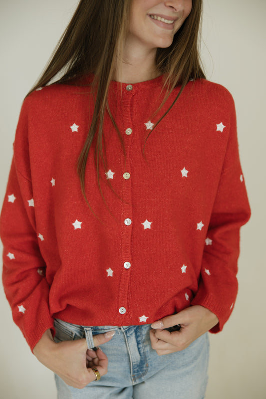 Red Long Sleeve Star Cardigan
