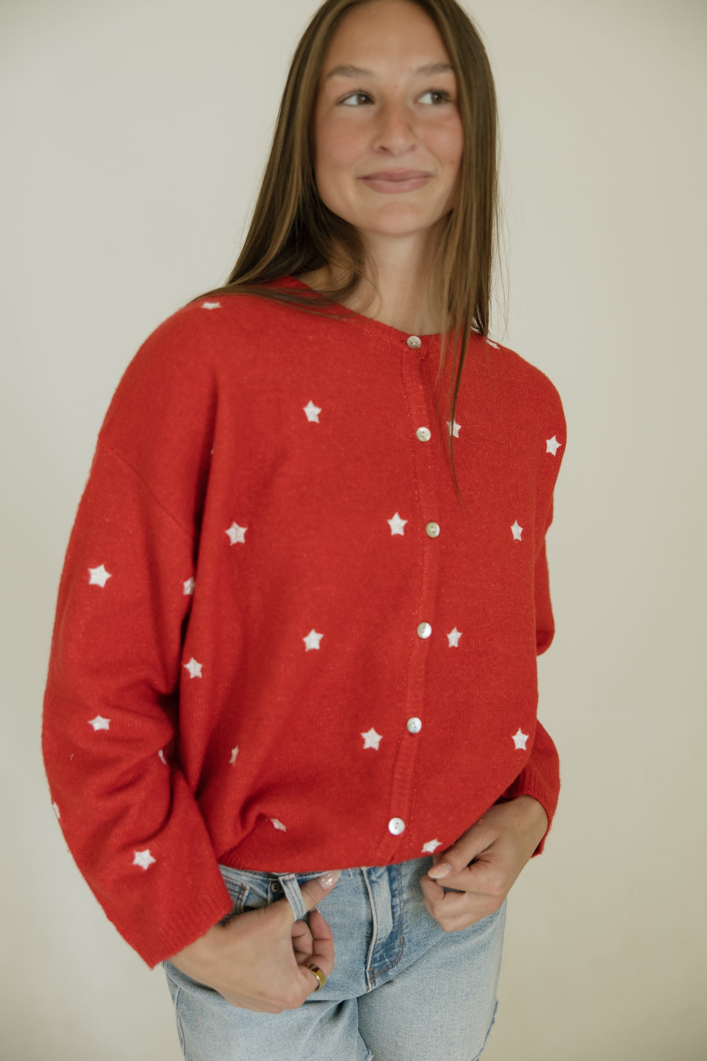 Red Long Sleeve Star Cardigan
