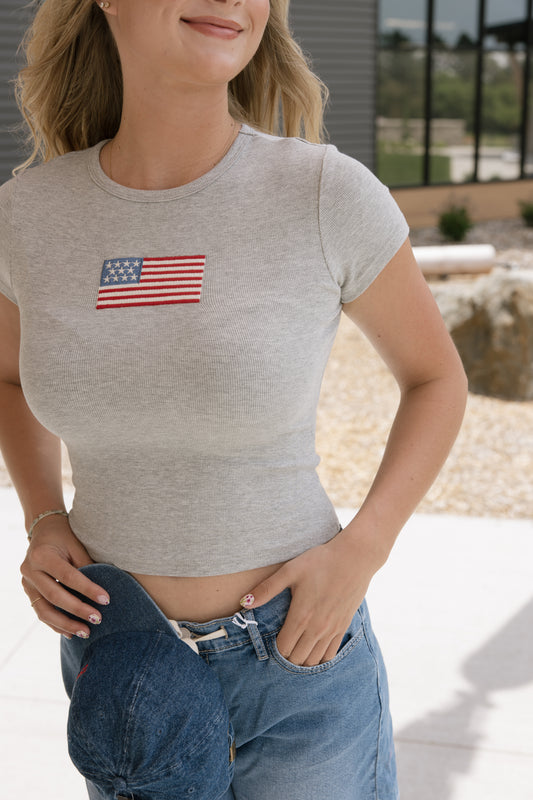 Grey Short Sleeve American Flag Tee