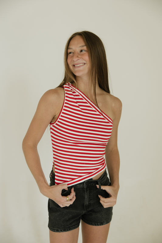 One Shoulder Red & White Stripe Top