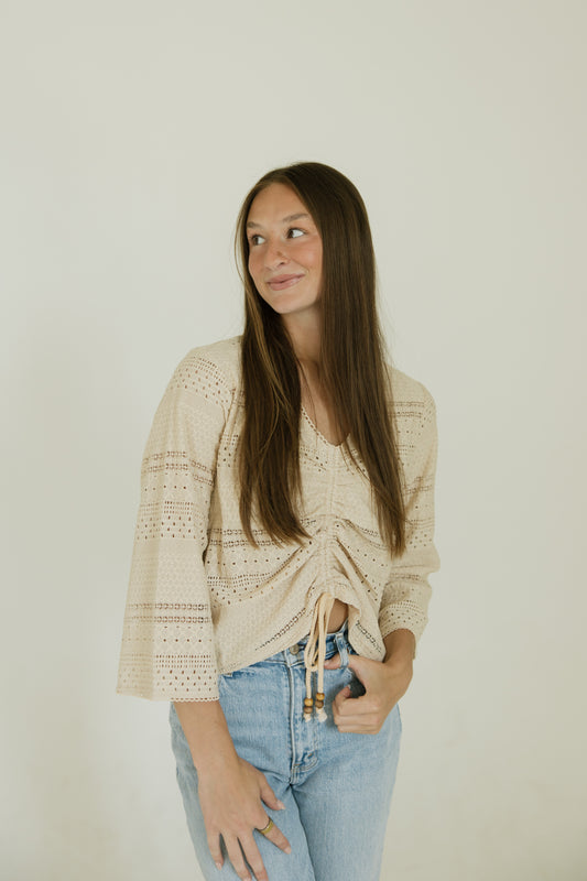 Taupe Drawstring Bell Sleeve Top