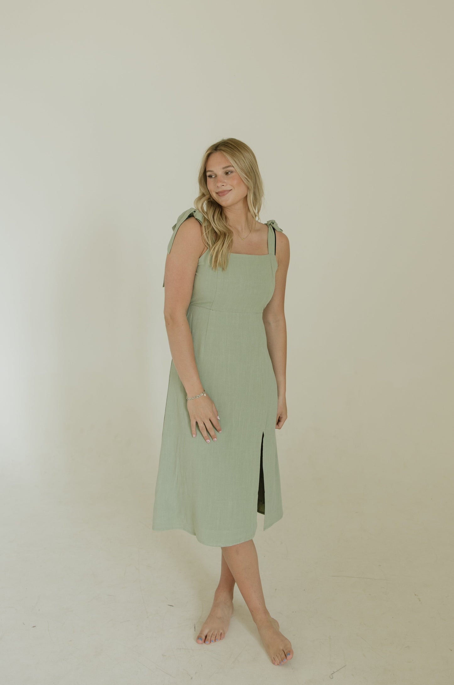 Sage Shoulder Tie Midi Dress