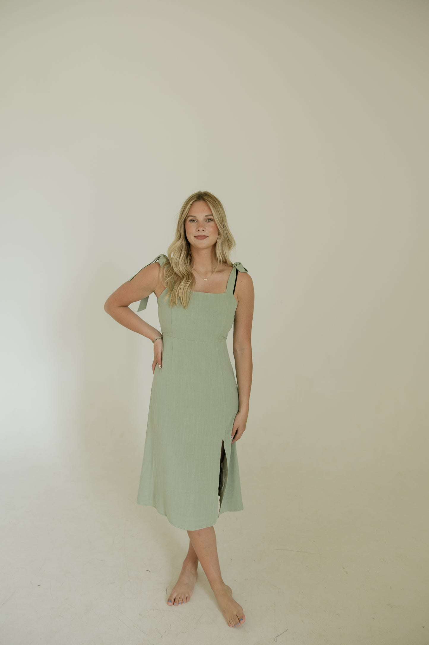 Sage Shoulder Tie Midi Dress