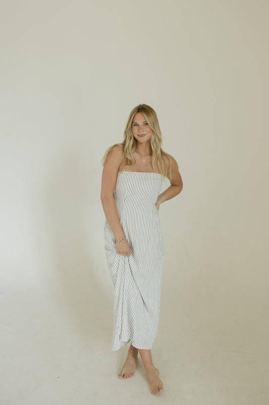 Stripe Strapless Back Tie Maxi Dress