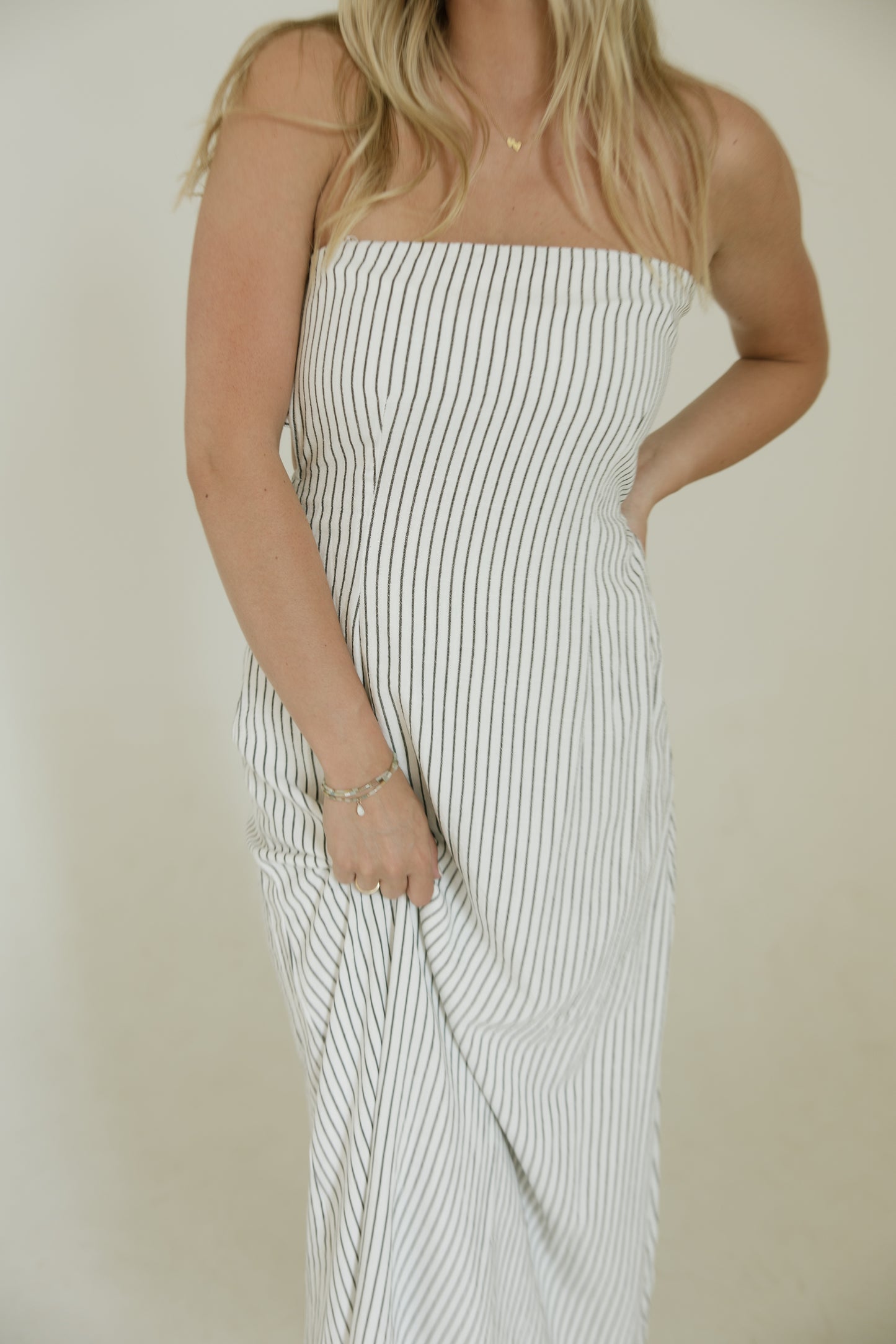 Stripe Strapless Back Tie Maxi Dress