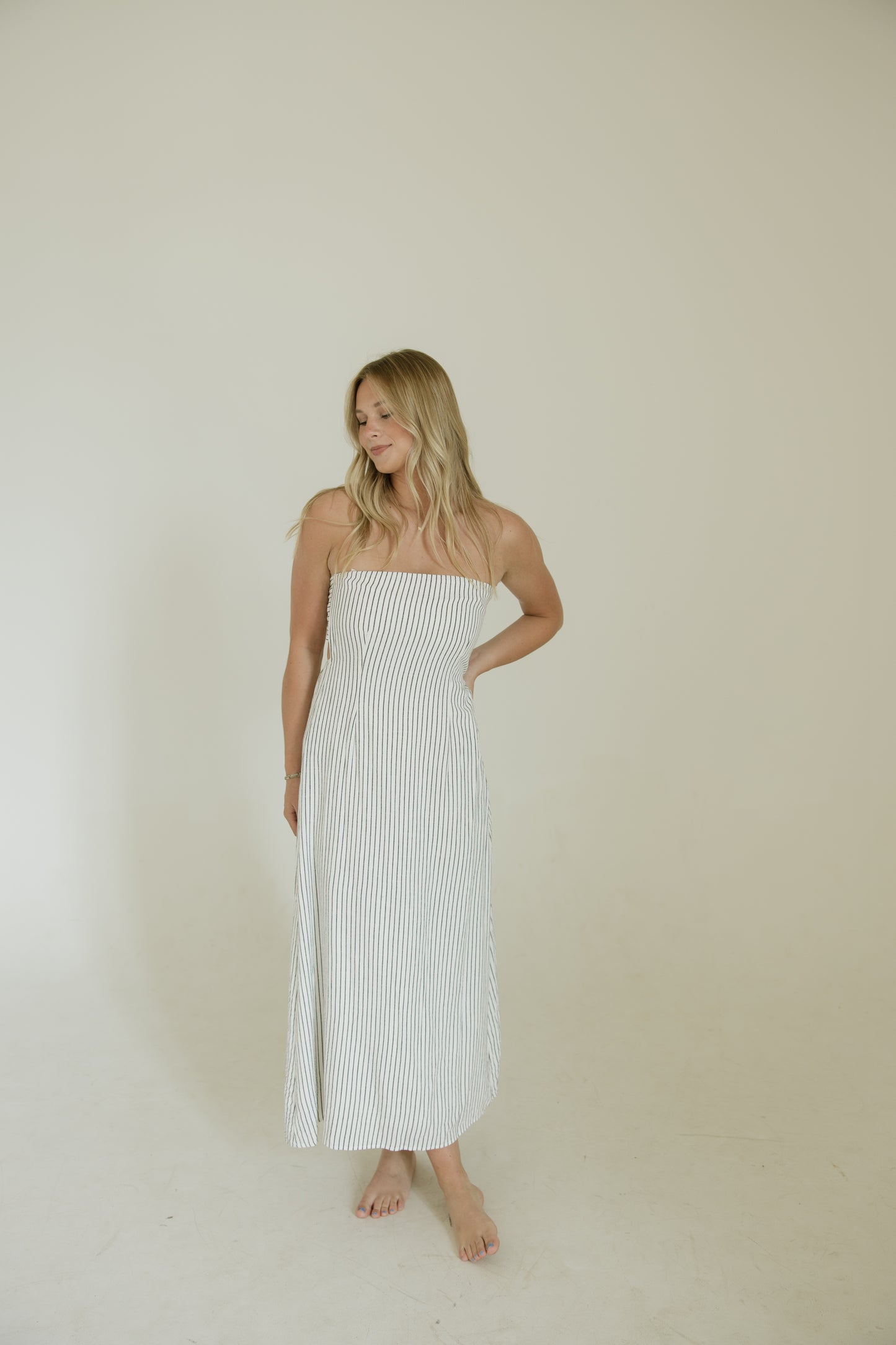 Stripe Strapless Back Tie Maxi Dress