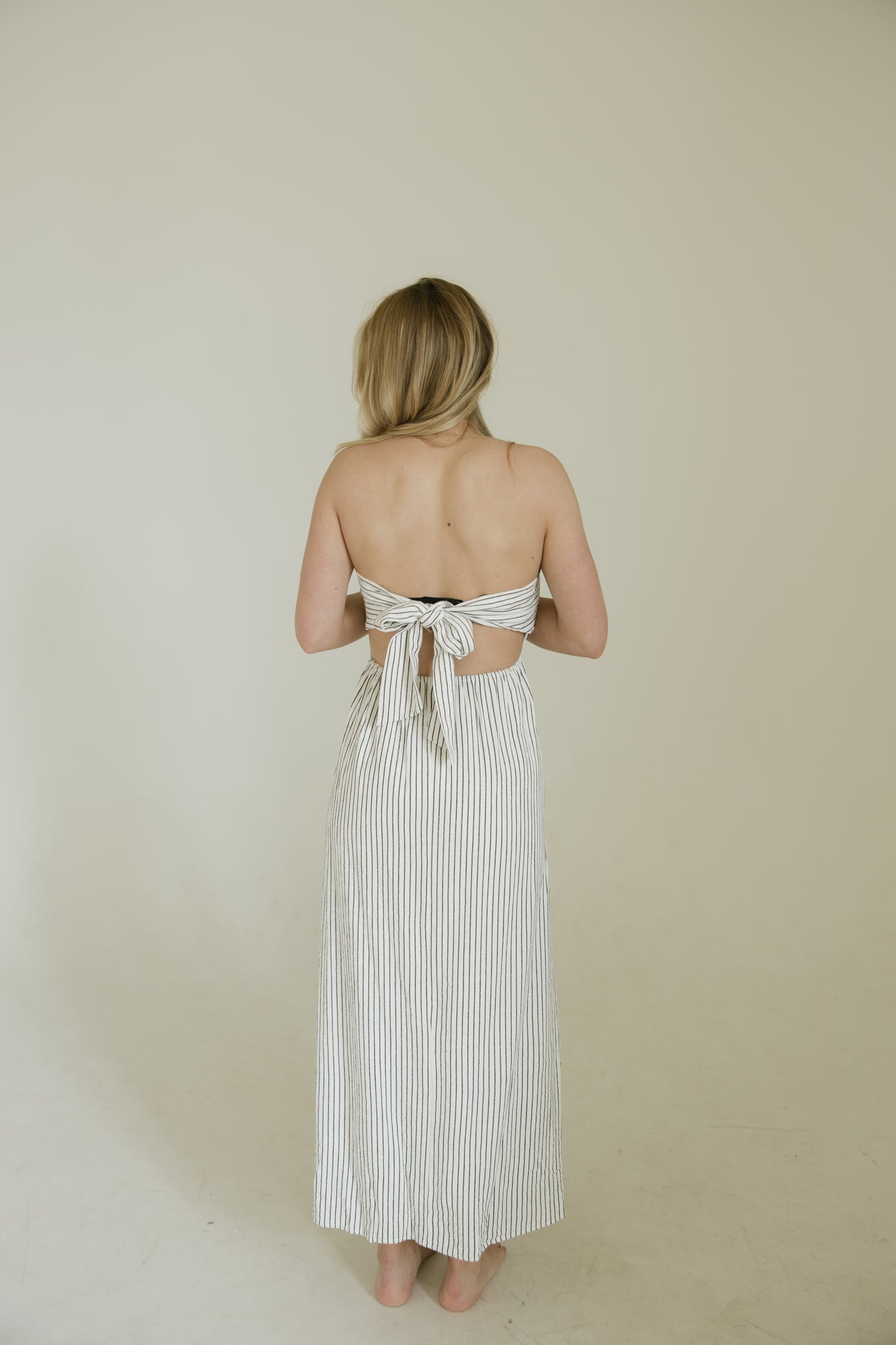 Stripe Strapless Back Tie Maxi Dress