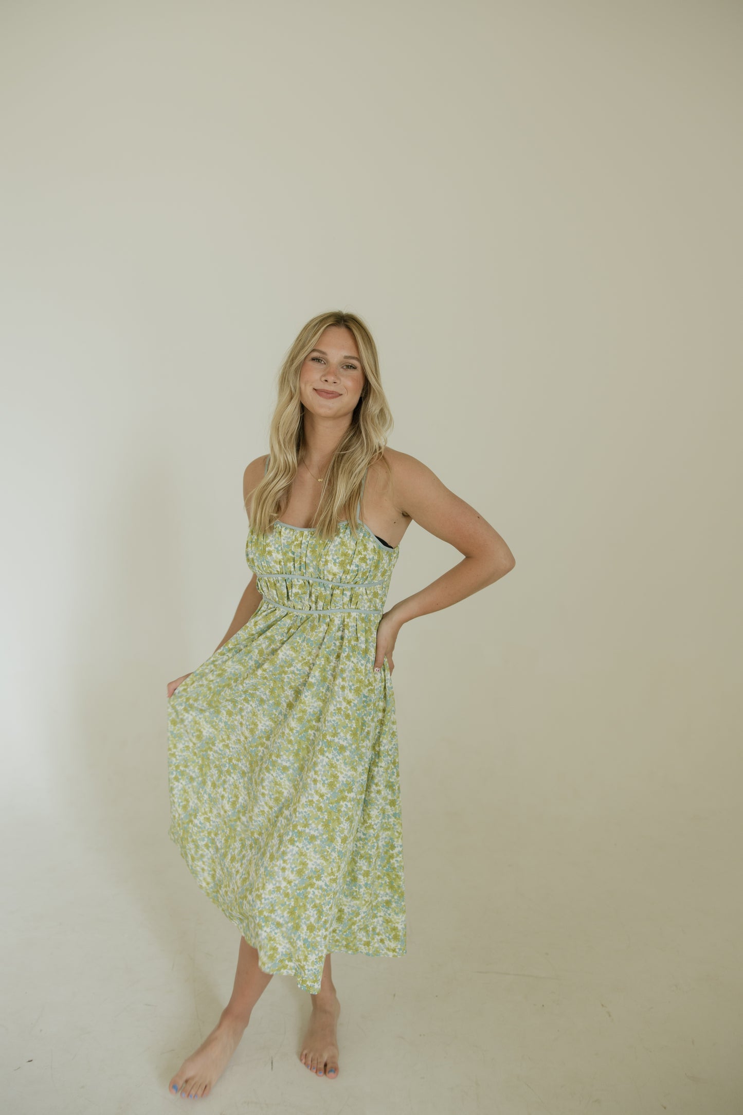 Pistachio Floral Smocked Midi Dress