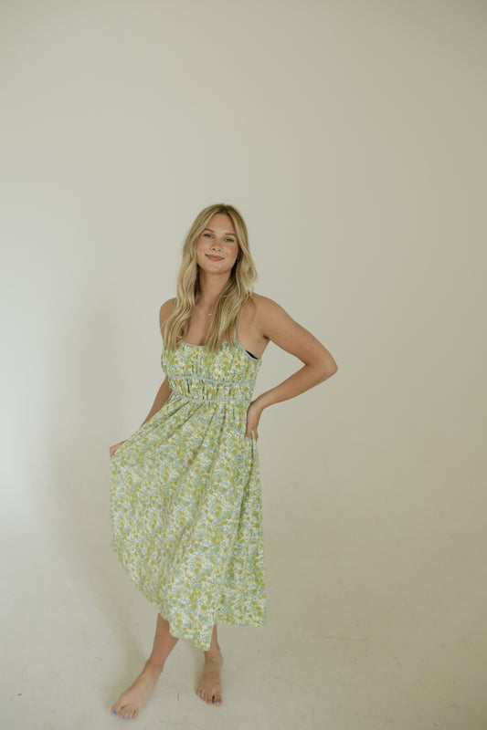Pistachio Floral Smocked Midi Dress