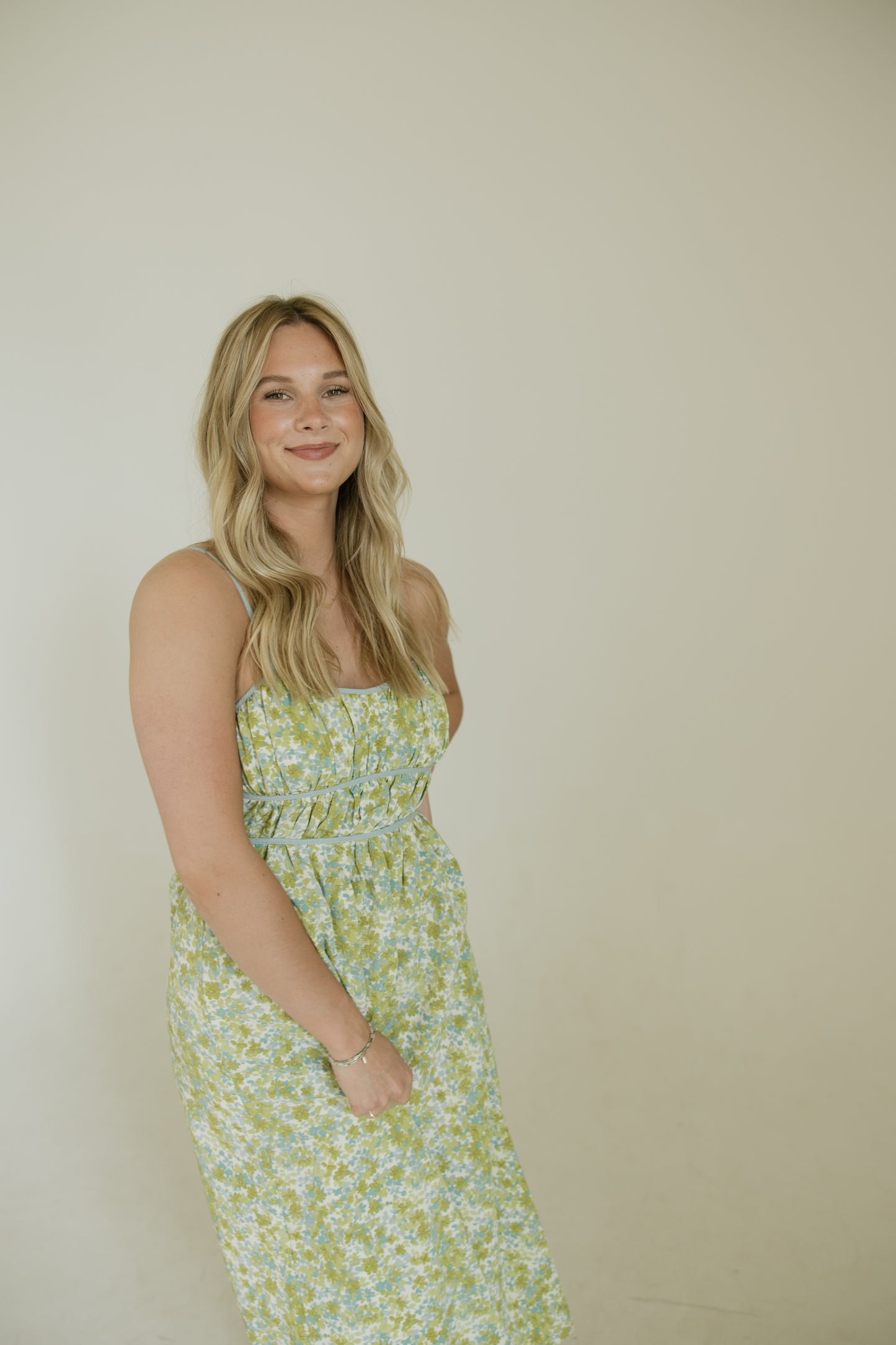Pistachio Floral Smocked Midi Dress