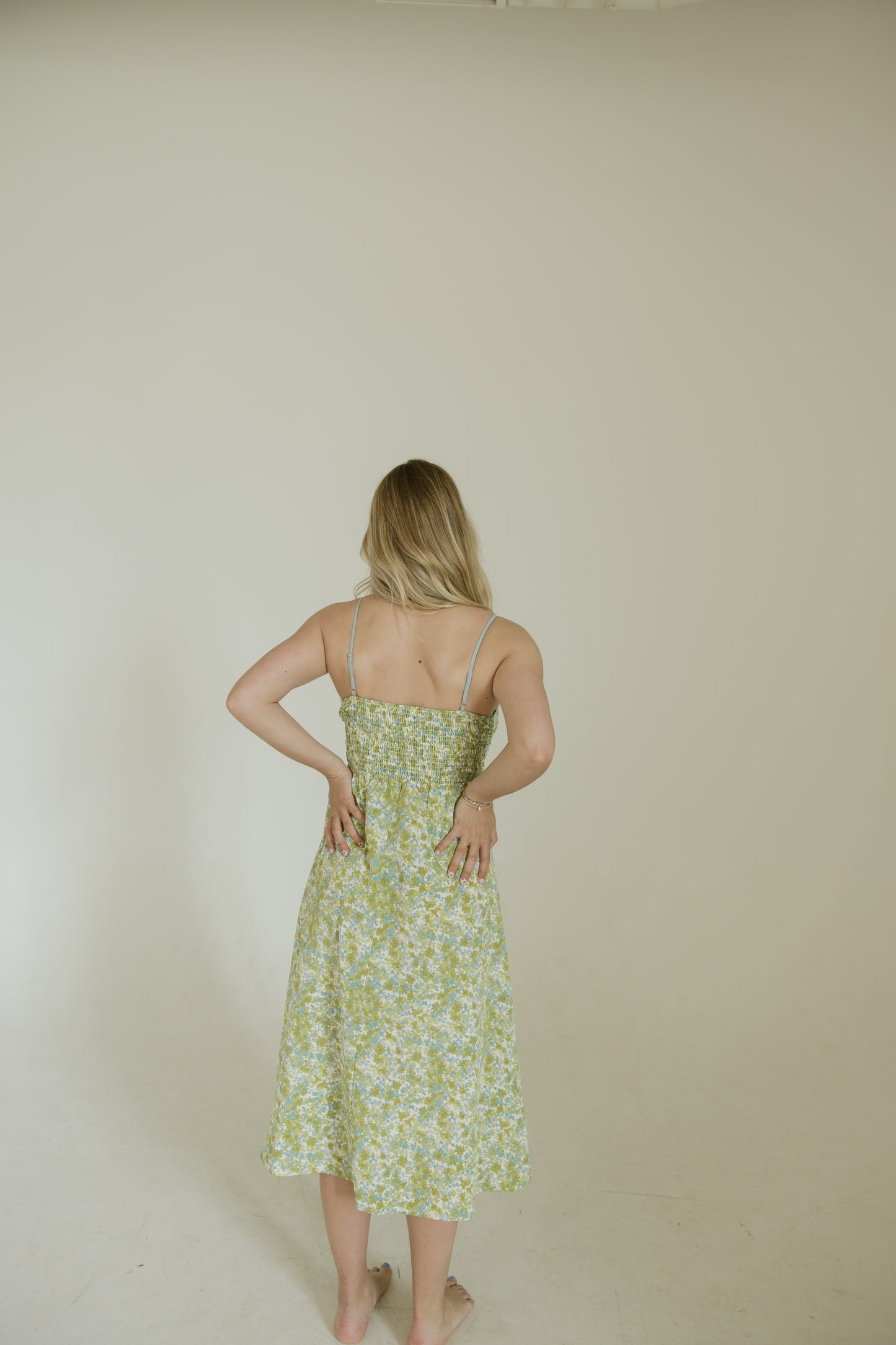 Pistachio Floral Smocked Midi Dress