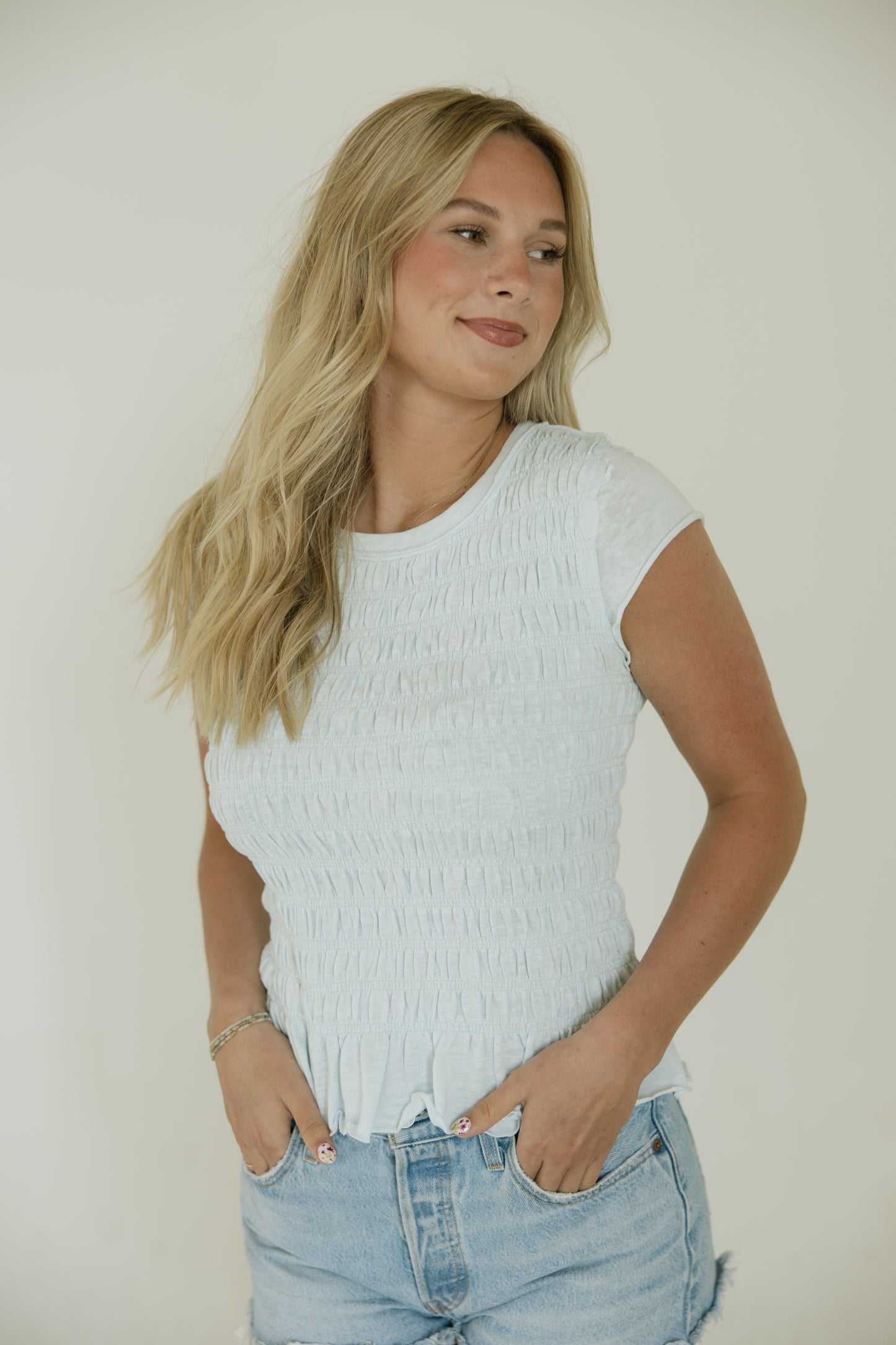 Sky Blue Cap Sleeve Smocked Top