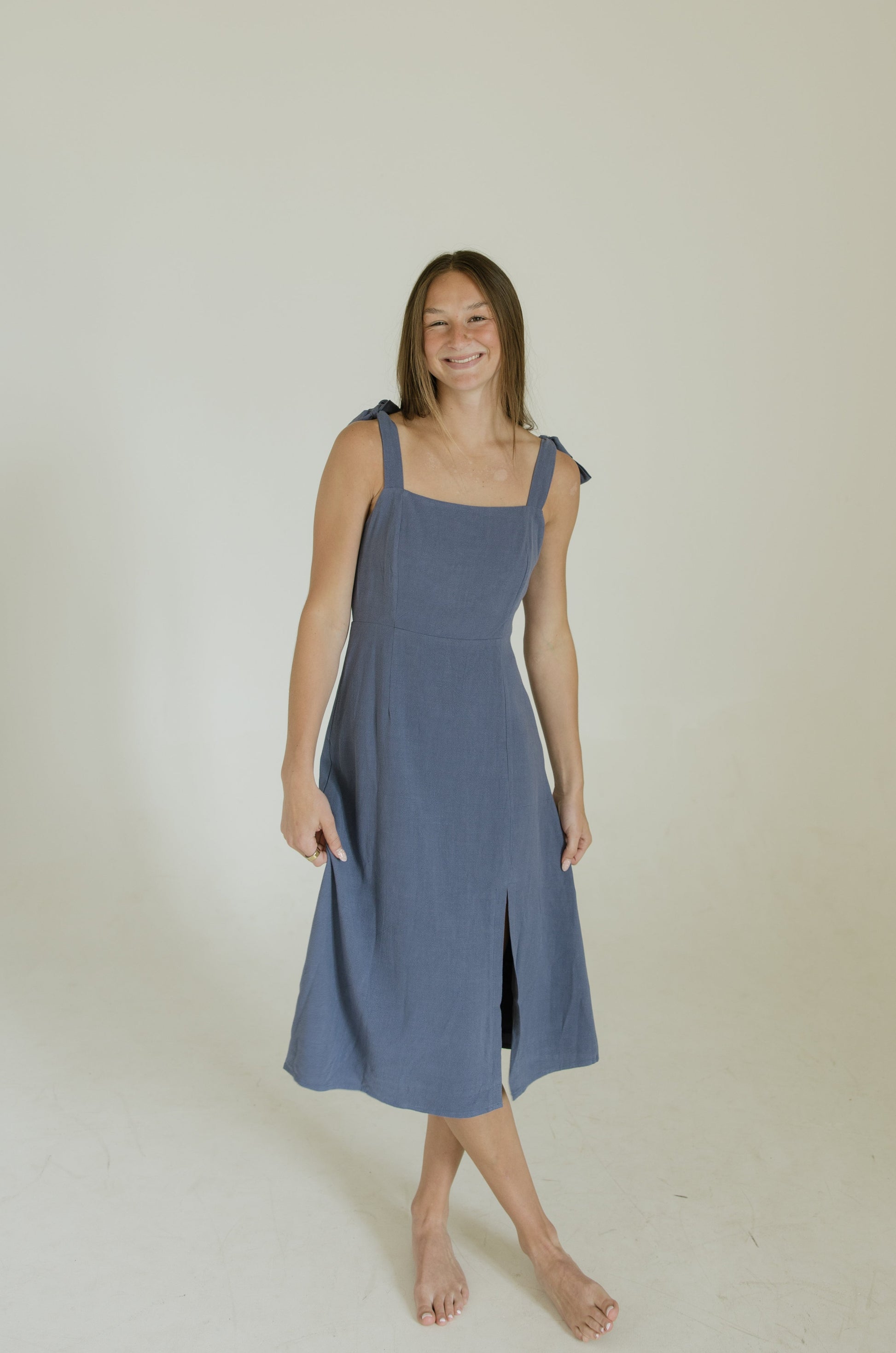 shoulder tie midi dress Blue and White Floral a flattering square neckline Sophie Sweetheart Shoulder Tie Midi