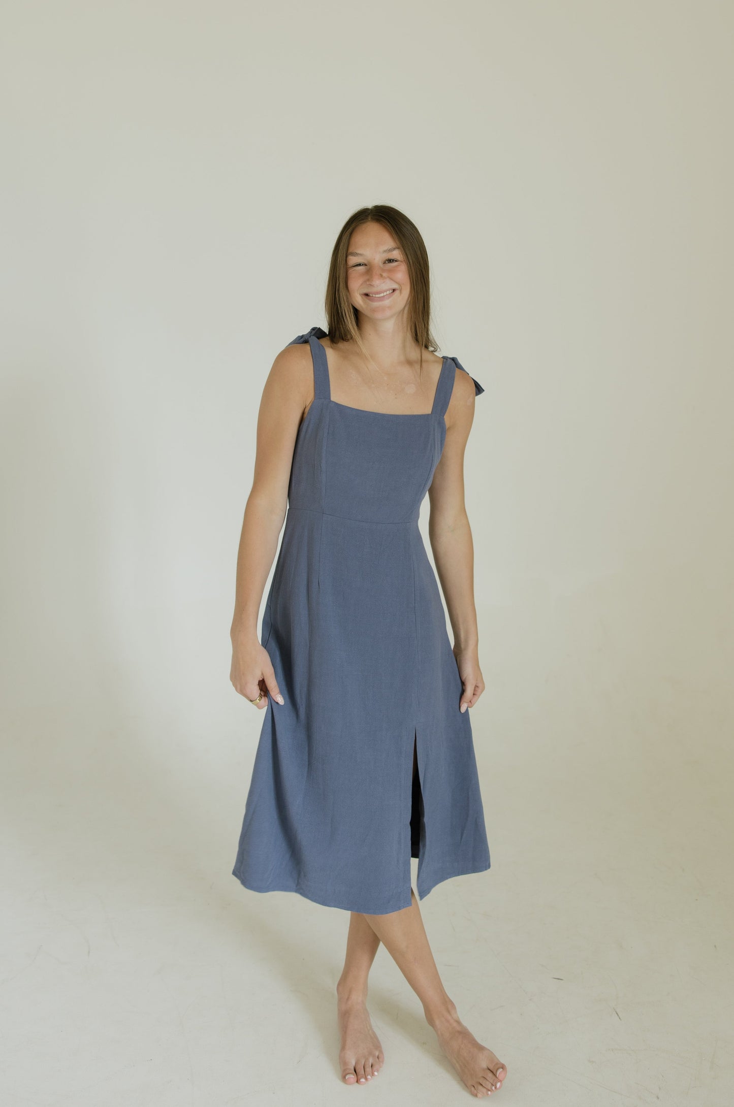 Dusty Blue Shoulder Tie Midi Dress