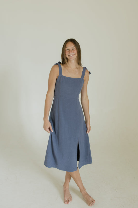 Dusty Blue Shoulder Tie Midi Dress