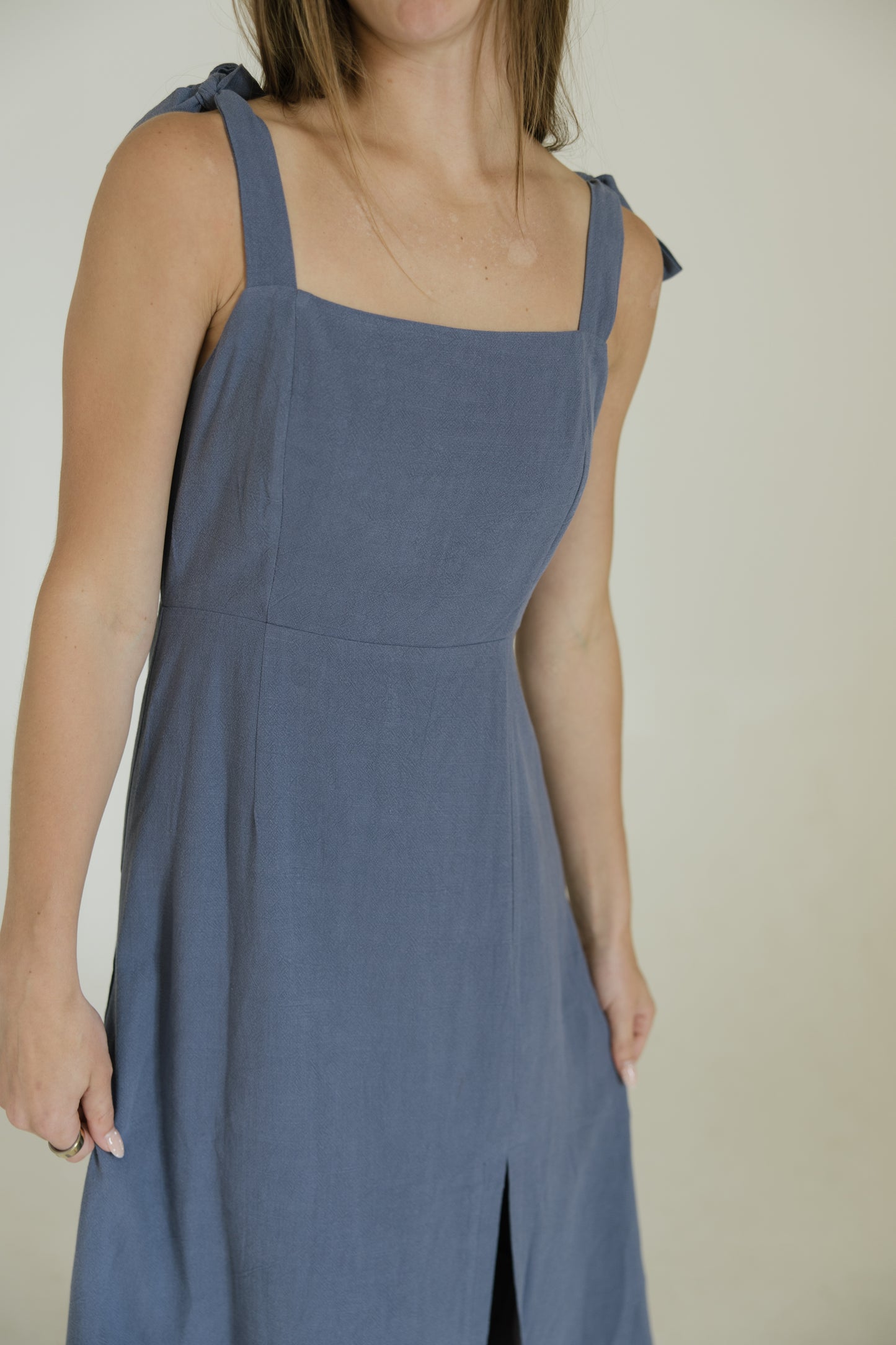 Dusty Blue Shoulder Tie Midi Dress