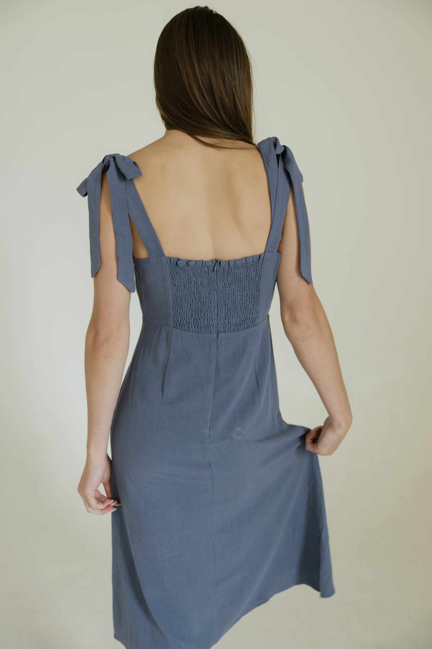 Dusty Blue Shoulder Tie Midi Dress