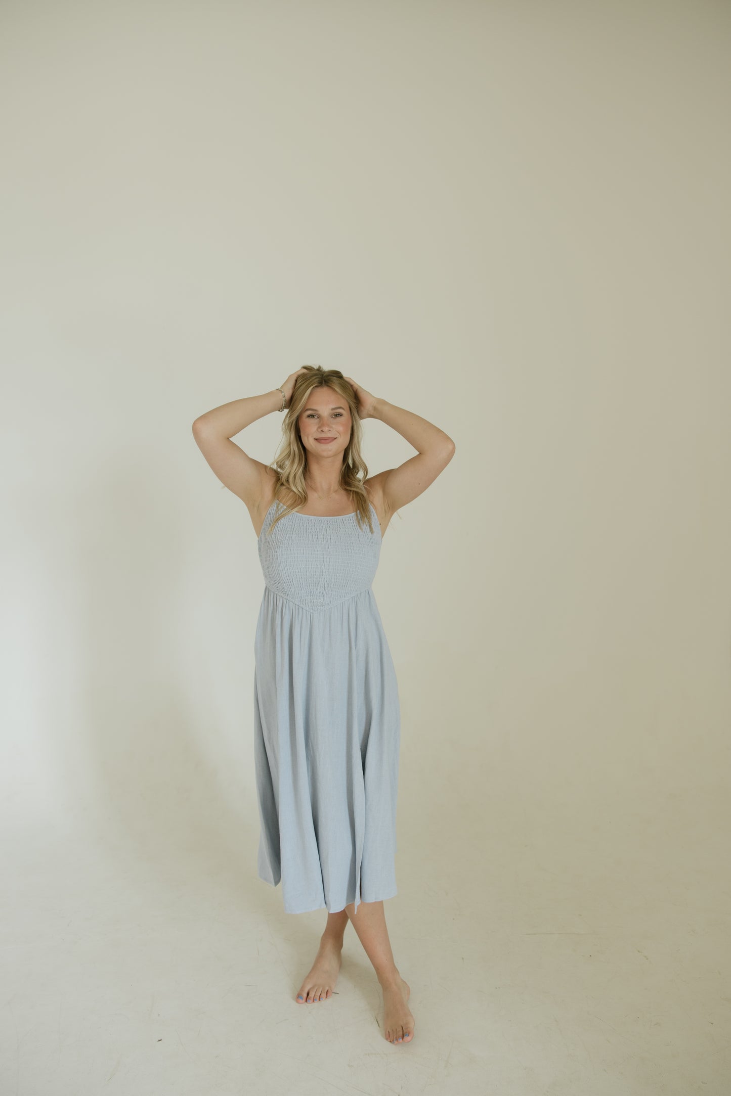 Sky Blue Smocked Midi Dress