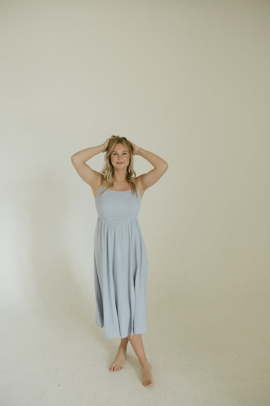 Sky Blue Smocked Midi Dress