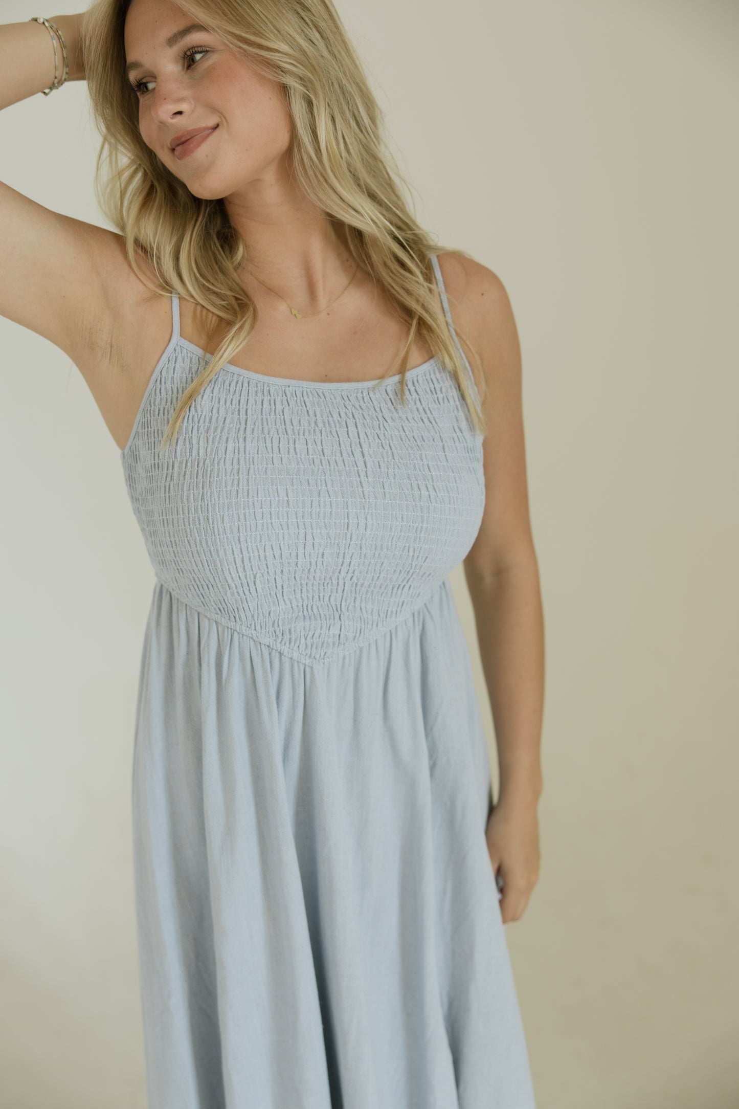 Sky Blue Smocked Midi Dress