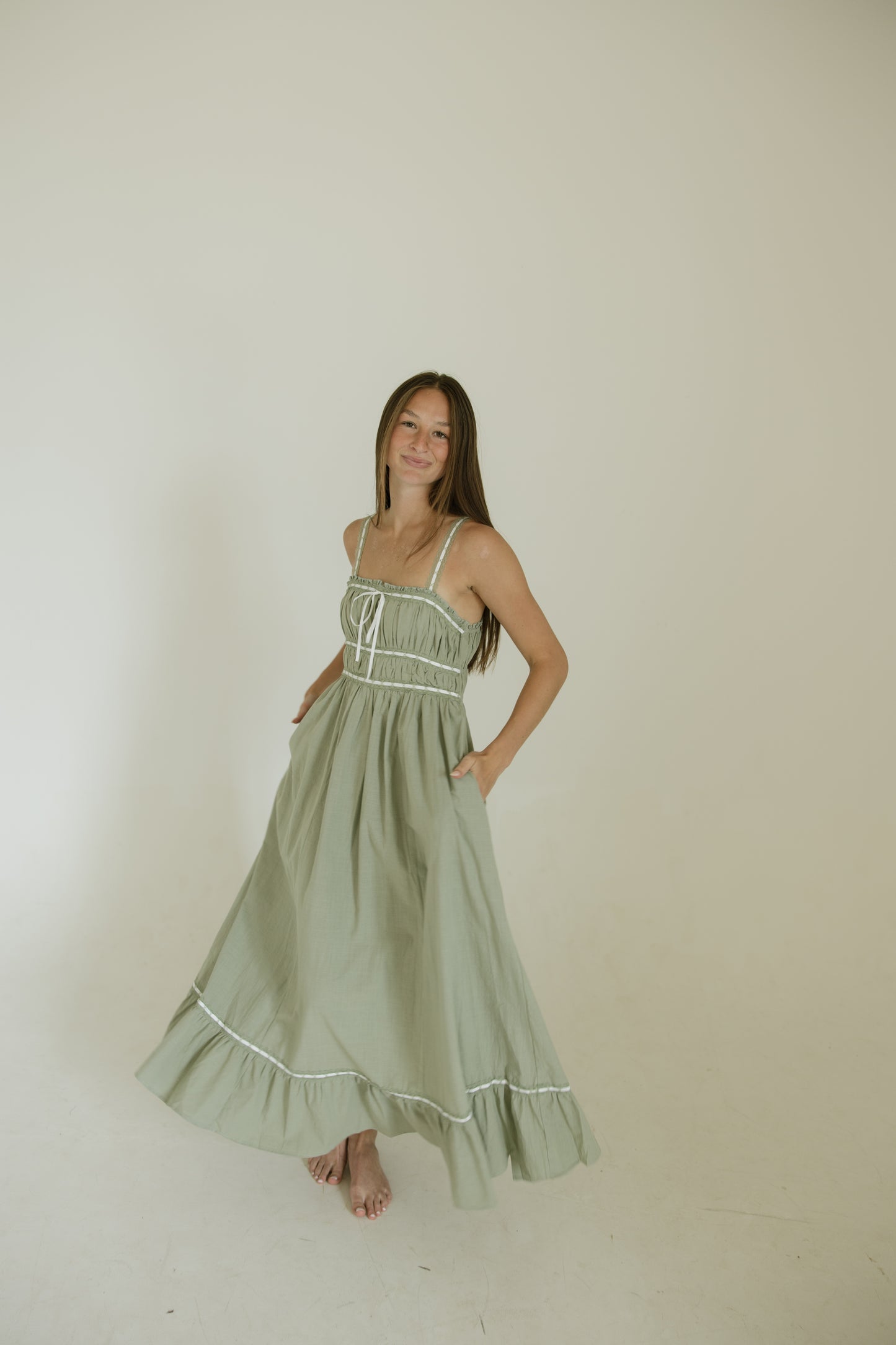 Sage Ribbon & Lace Cotton Maxi Dress