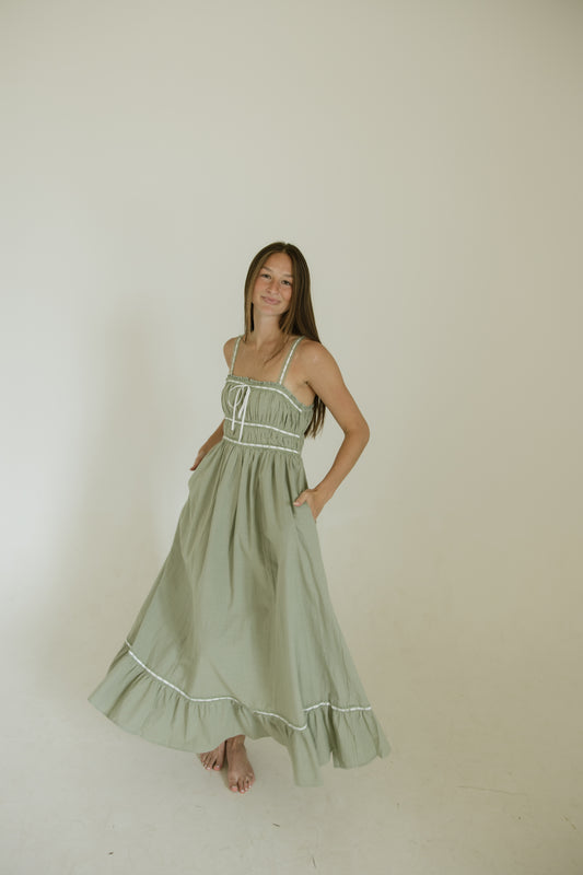Sage Ribbon & Lace Cotton Maxi Dress