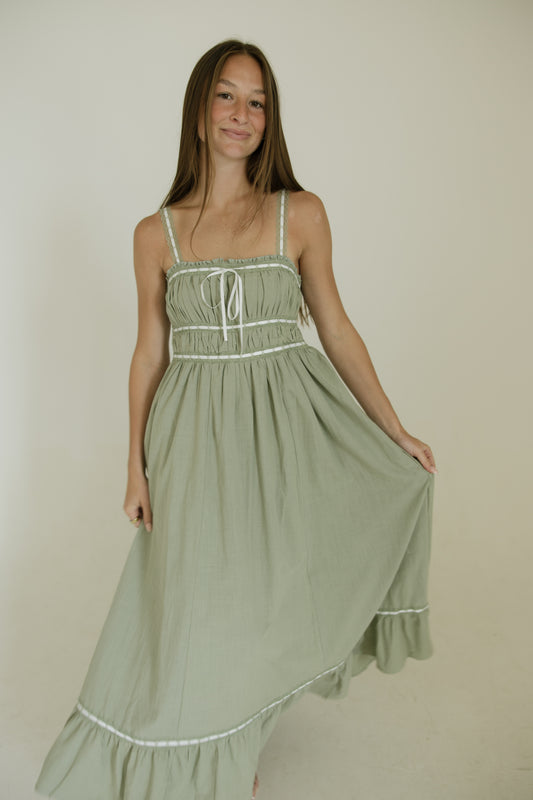 Sage Ribbon & Lace Cotton Maxi Dress
