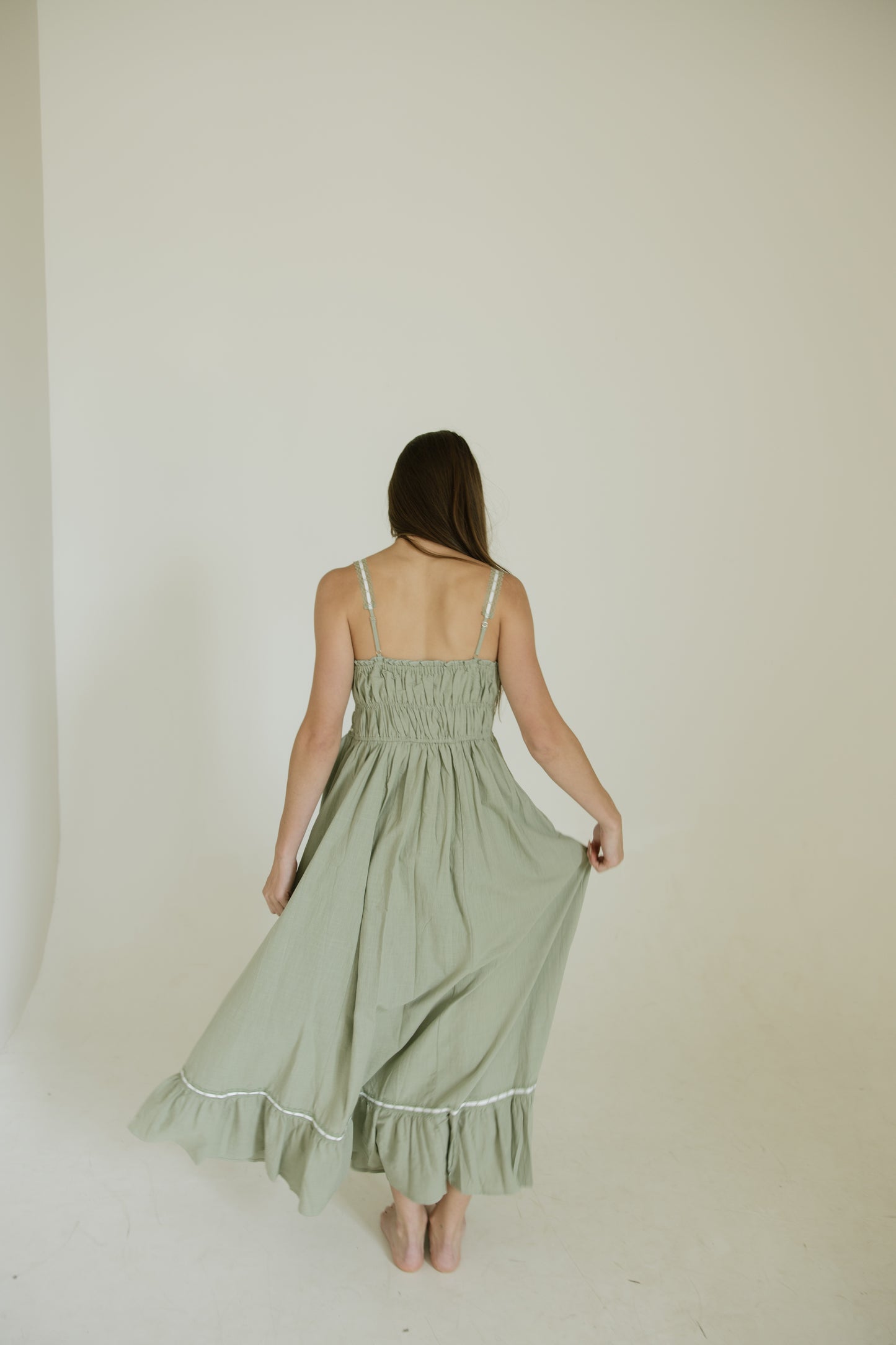 Sage Ribbon & Lace Cotton Maxi Dress