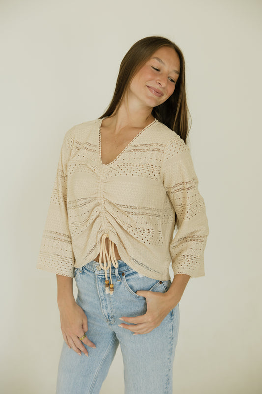 Taupe Drawstring Bell Sleeve Top