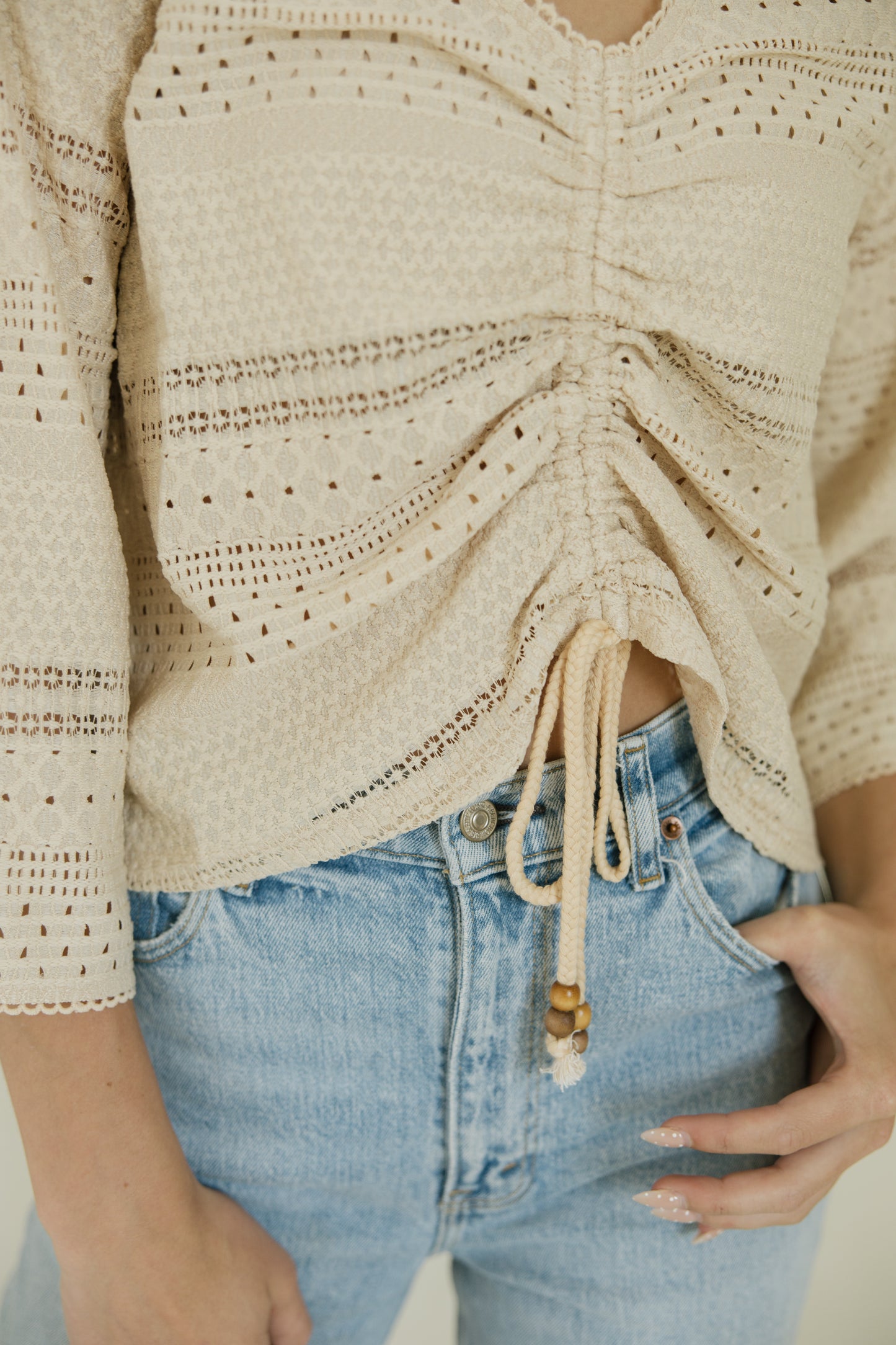 Taupe Drawstring Bell Sleeve Top