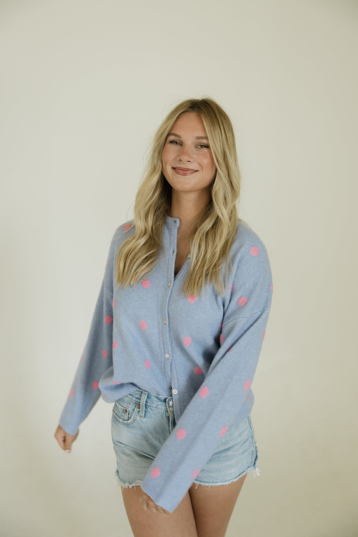 Pink & Blue Polka Dot Long Sleeve Cardigan