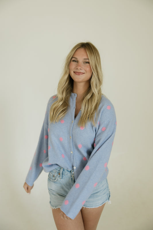 Pink & Blue Polka Dot Long Sleeve Cardigan
