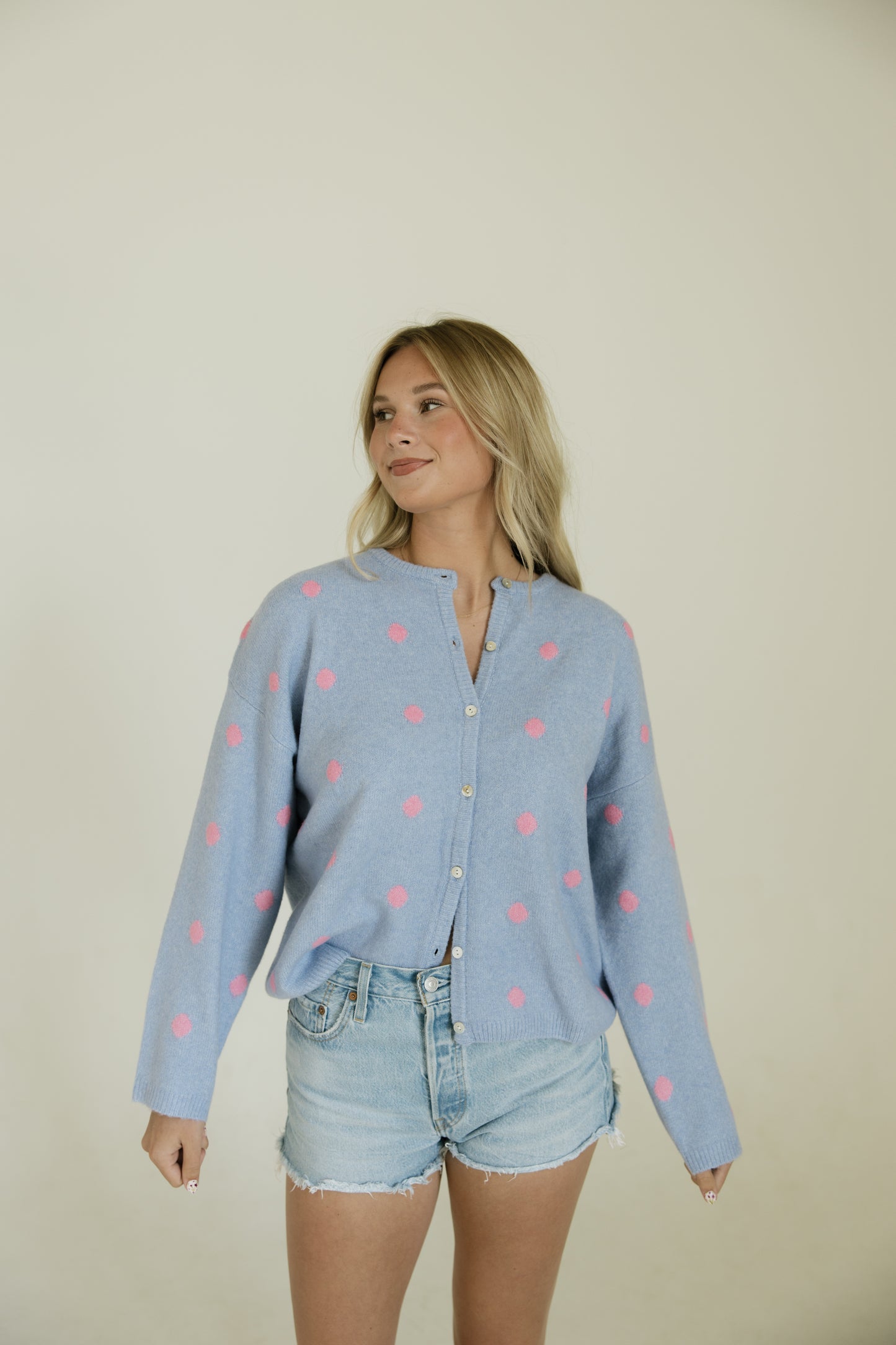 Pink & Blue Polka Dot Long Sleeve Cardigan