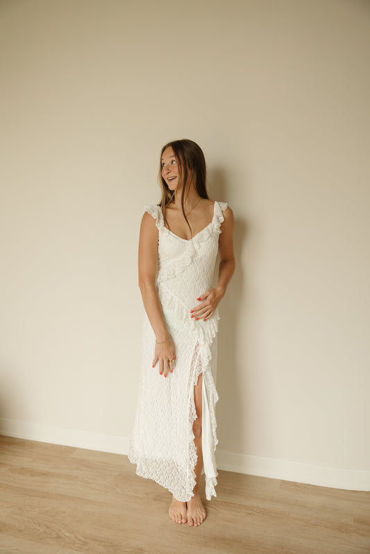 Ruffle Lace Front Slit Dress in White