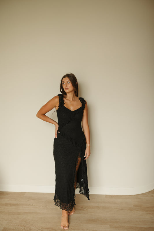 Ruffle Lace Front Slit Dress in Black