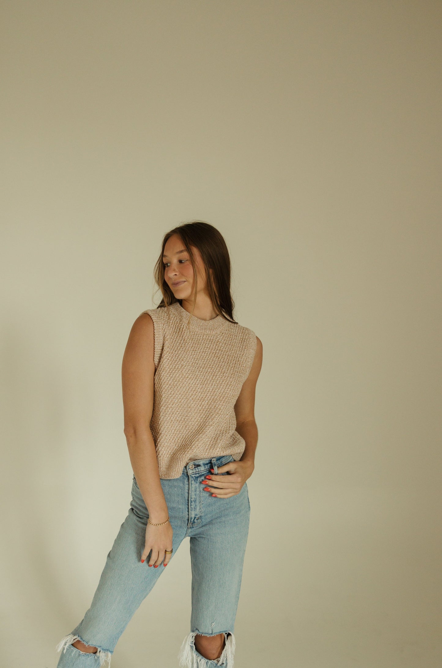 Taupe Sleeveless Crew Sweater