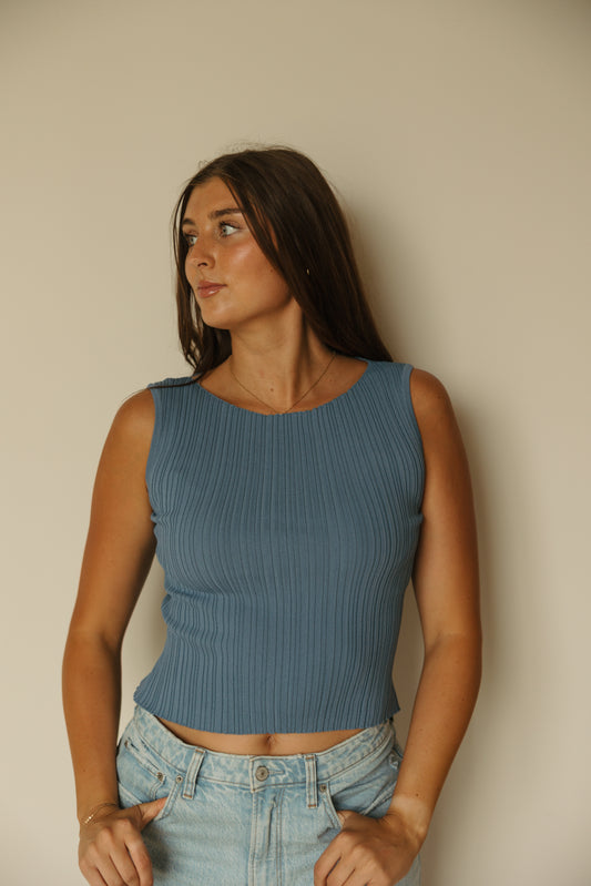 Blue Ribbed Knitted Top