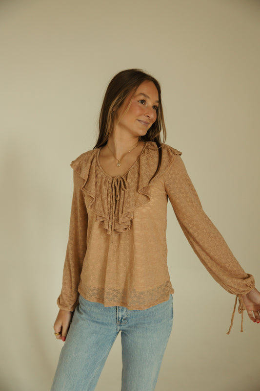Taupe Ruffle Detail Lace Longsleeve