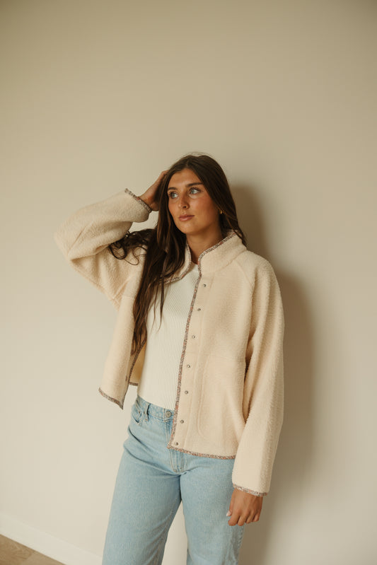 Pink Floral Trim Sherpa Jacket